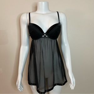 Black mesh cutout babydoll T-string thong two piece set